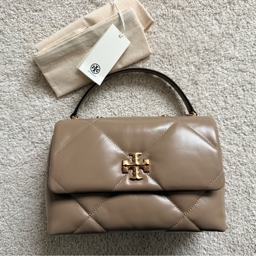 Tory Burch Taupe Quilted Leather Satchel with Gold Logo